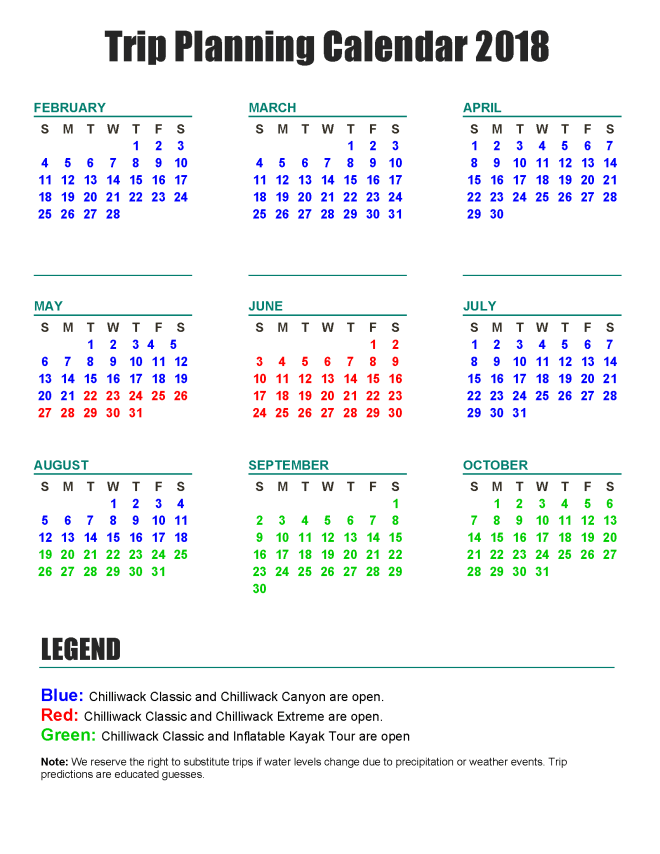 trip planning calendar 2018